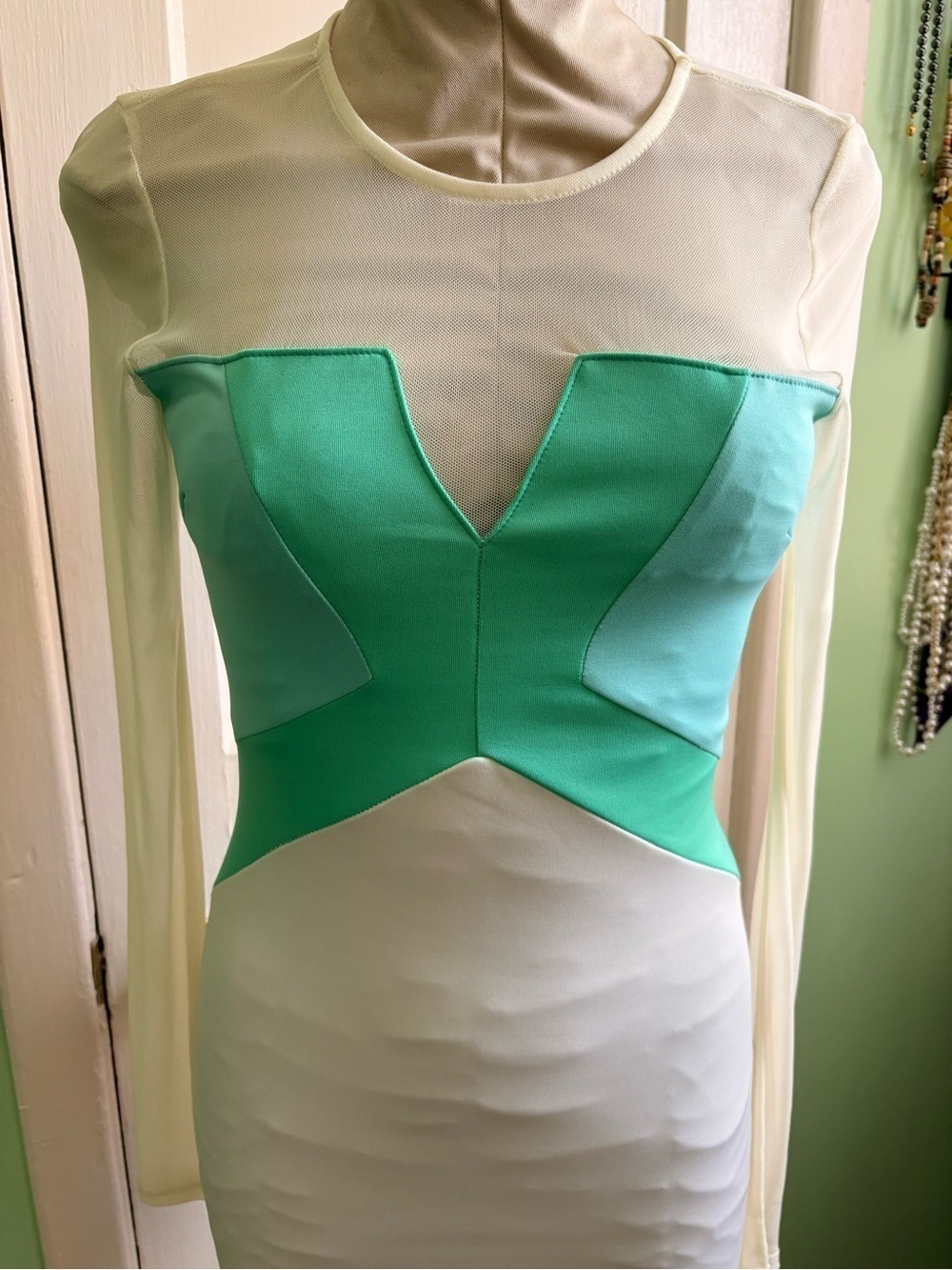 Cream Teal Mint Long Sleeve Mesh Panel Bodycon Dress - Picture 2 of 8